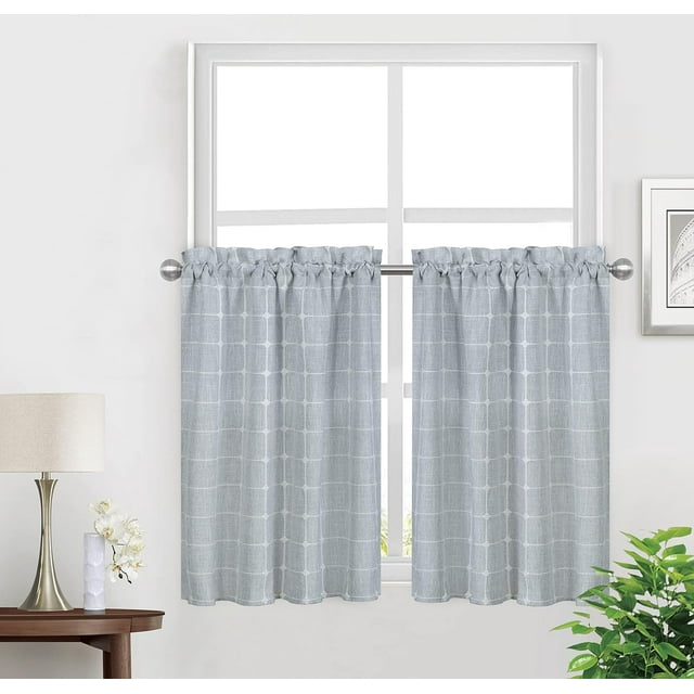 Kitchen Curtains 24 Inch Cafe Curtain Tiers, Light Filtering Linen Textured Short Curtains for Bathroom, Semi Sheer Farmhouse Small Window Curtain Rod Pocket 2 Panels (Light Gray)