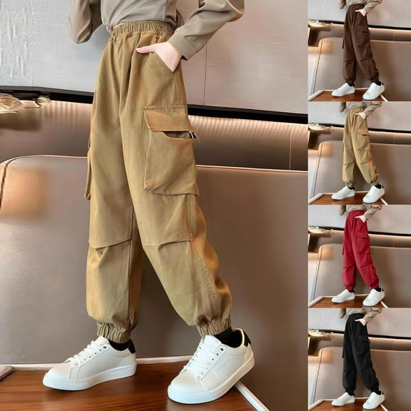 SEAOPEN Girls Cargo Pants Wide Leg Streetwear Kids Pants with Pockets Trendy Jogger Trousers Khaki 13 Years