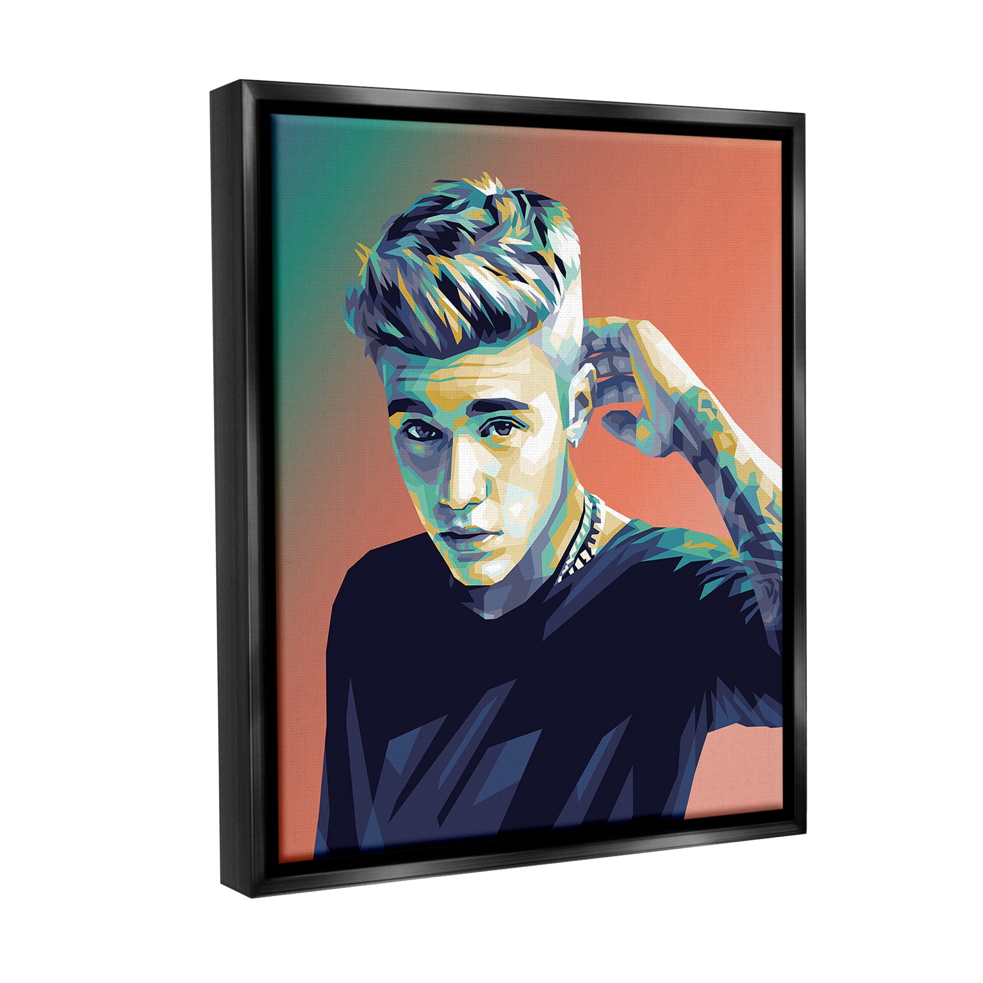 Stupell Industries Pop Culture Justin Portrait Abstract Painting Black Floater Framed Canvas Art Print Wall Art, 25 x 31