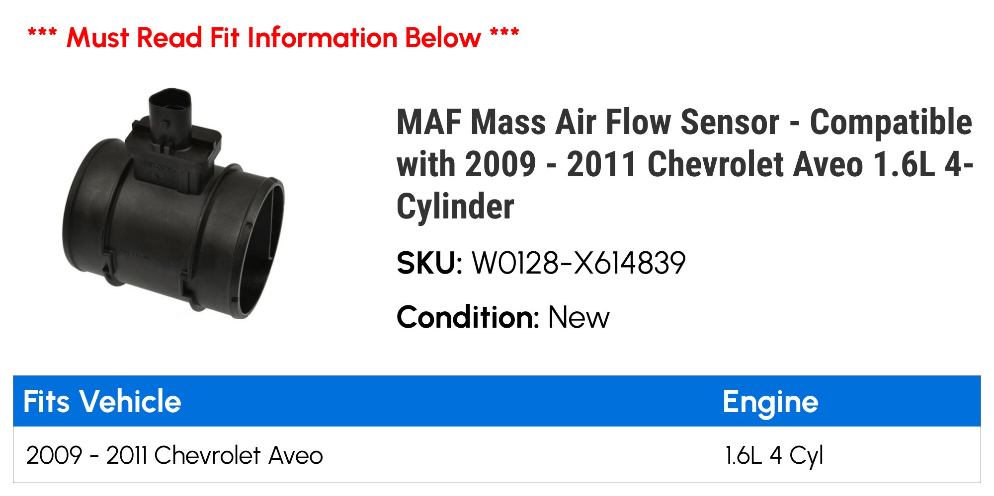 MAF Mass Air Flow Sensor - Compatible with 2009 - 2011 Chevy Aveo 1.6L 4-Cylinder 2010