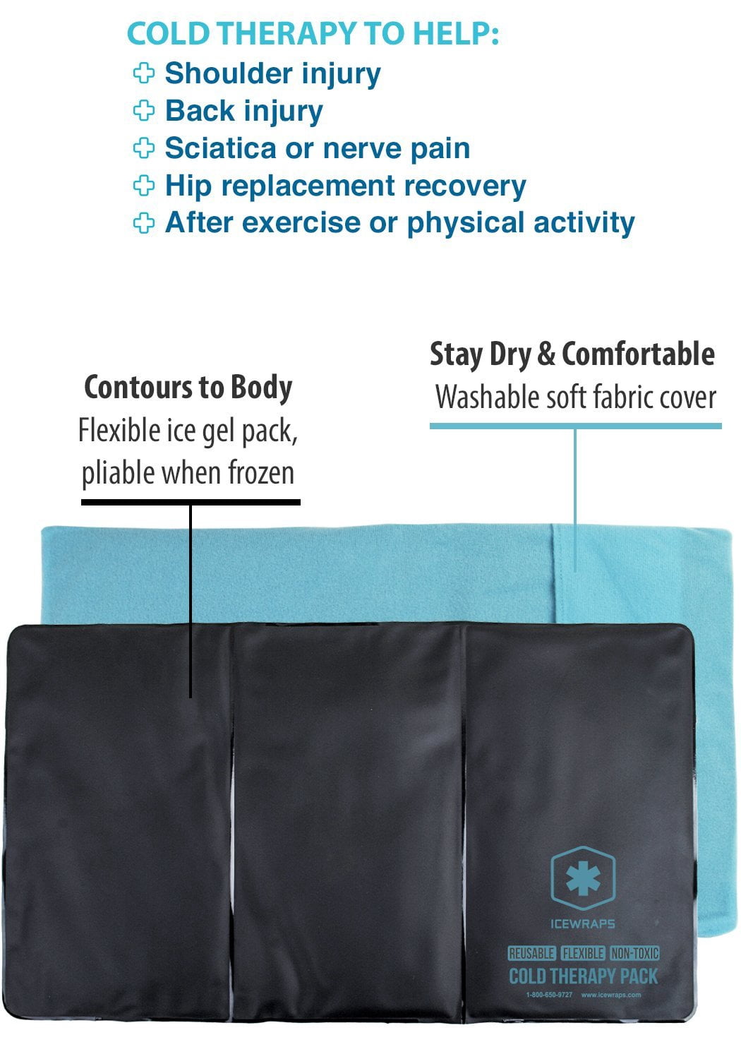 ICEWRAPS 12”x21” Reusable Ice Pack with Soft Fabric Cover - Oversize Flexible Cold Therapy Wrap for Back, Hip, Knee Injuries, Sciatica, and Chronic Pain Relief