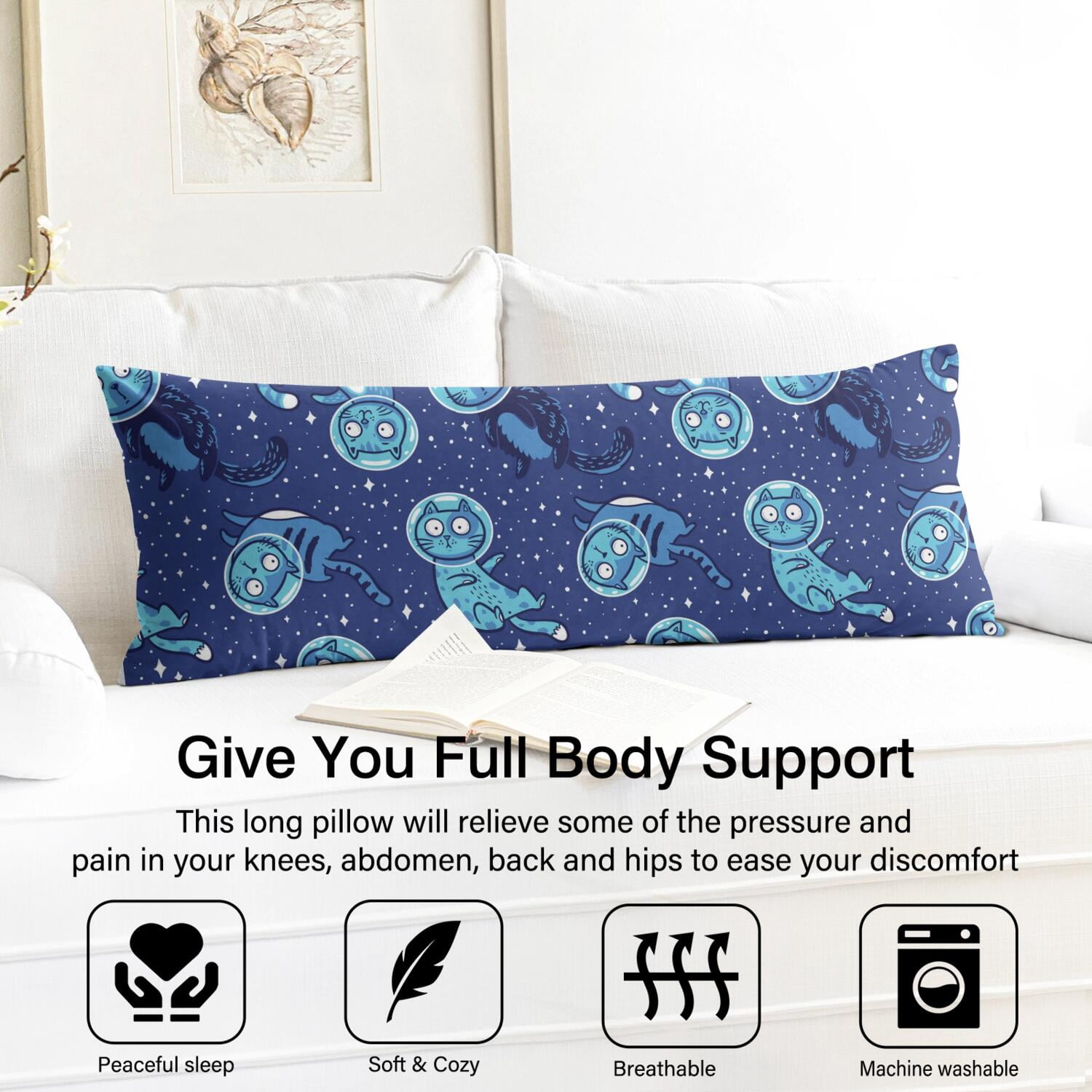Cat and Moon Artwork Body Pillow Cover 20x54 - Watercolor Cat Aesthetic Pillow Case - Soft & Breathable Maternity Pillow Cover
