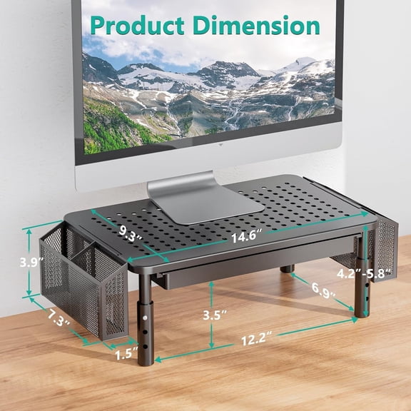Computer Monitor Stand with Storage, Desk Organizer with Drawer and Pen Holder, Desk Monitor Riser 3 Height Adjustable, Laptop Riser for Computer, Laptop, Printer , 1 Pack, Black