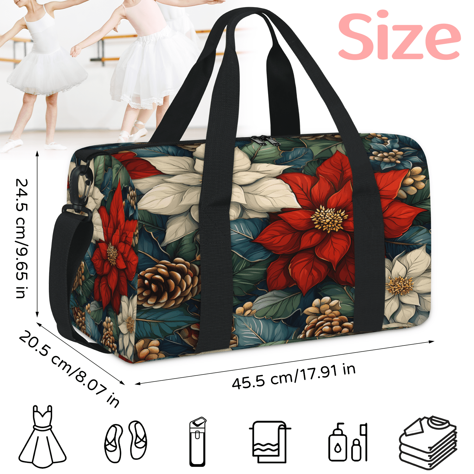 Herdesigns Christmas Flower Leaves Travel Duffle Bag Sports Yoga Weekender Overnight Carry on Workout Bags Lightweight Waterproof Gym Tote Bag for Women Poinsettia Floral