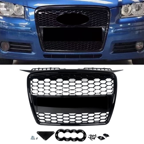 For Audi A3 8P 2004-2008 RS3 Style Front Bumper Honeycomb Mesh Grille Grill Gloss Black