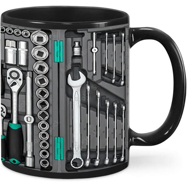 Taza de café con diseño de caja de herramientas, cerámica, 350 ml, con mango negro