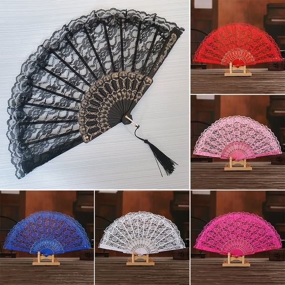 leaveforme Lace Folding Fans Embroidered Flower Lace Trim Peacock Fan Fabric Plastic Folding Handheld Fan for Women Hand Craft,for Tea Party Wedding