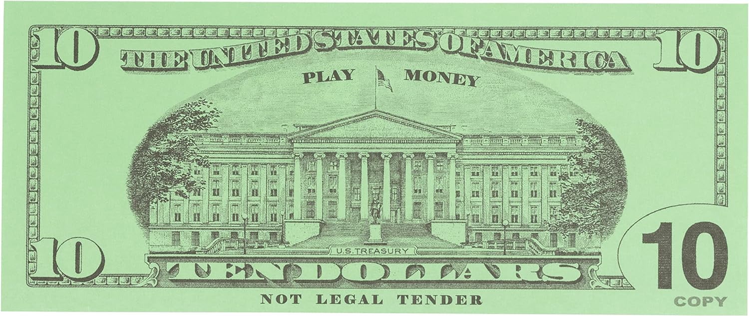 LEARNING ADVANTAGE Ten Dollar Play Bills - Set of 100 $10 Paper Bills - Designed and Sized Like Real US Currency - Teach Currency, Counting and Math with Play Money