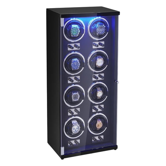 Watch Winder for 8 Watches, Automatic Watch Winder with Mabuchi Motor, LED Light, Black PU & Wood Case