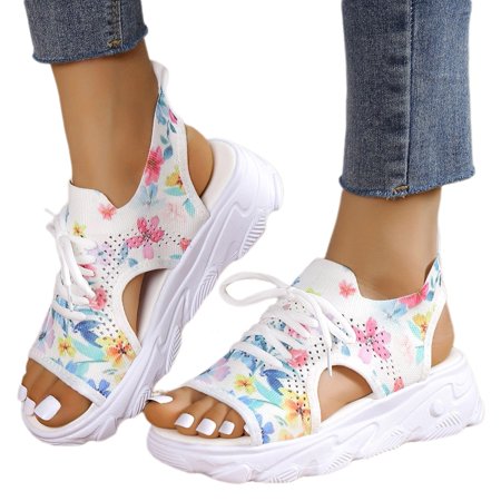 

ZHAGHMIN Thick Soled Sandals Women Fashion Lace Up Fish Mouth Casual Women Sandals Flower Print Mesh Hollow Wedge Flip Flops Sports White Size8