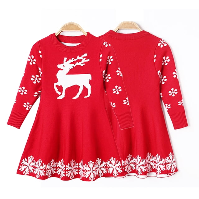 Beautyzll Robe Pull de Noël pour Enfants Filles Cadeaux de Noël Robe Pull Tricotée Renne Manches Longues Robe Pull Princesse 2-7 Ans