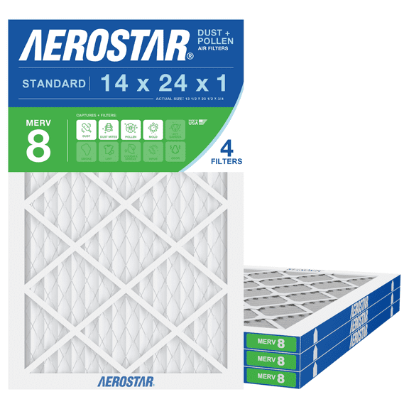 Aerostar 14x24x1 MERV 8 Air Filter, Pleated AC Furnace HVAC, Dust Pollen Pet Dander, 4 Pack
