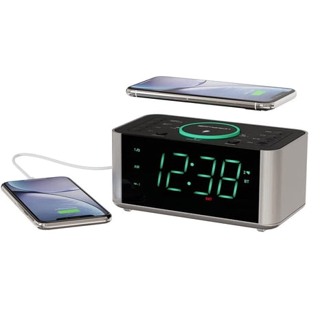 ER 100202 Smartset Dual Alarm Clock Radio with USB Port and QI Wireless Phone Charger with