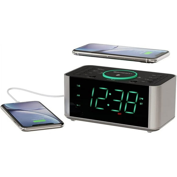 Erson Alarm Clock Radio and QI Wireless Phone Charger with Bluetooth, Compatible with iPhone Xs Max/XR/XS/X/8/Plus, 10W Galaxy S10/Plus/S10E/S9, All