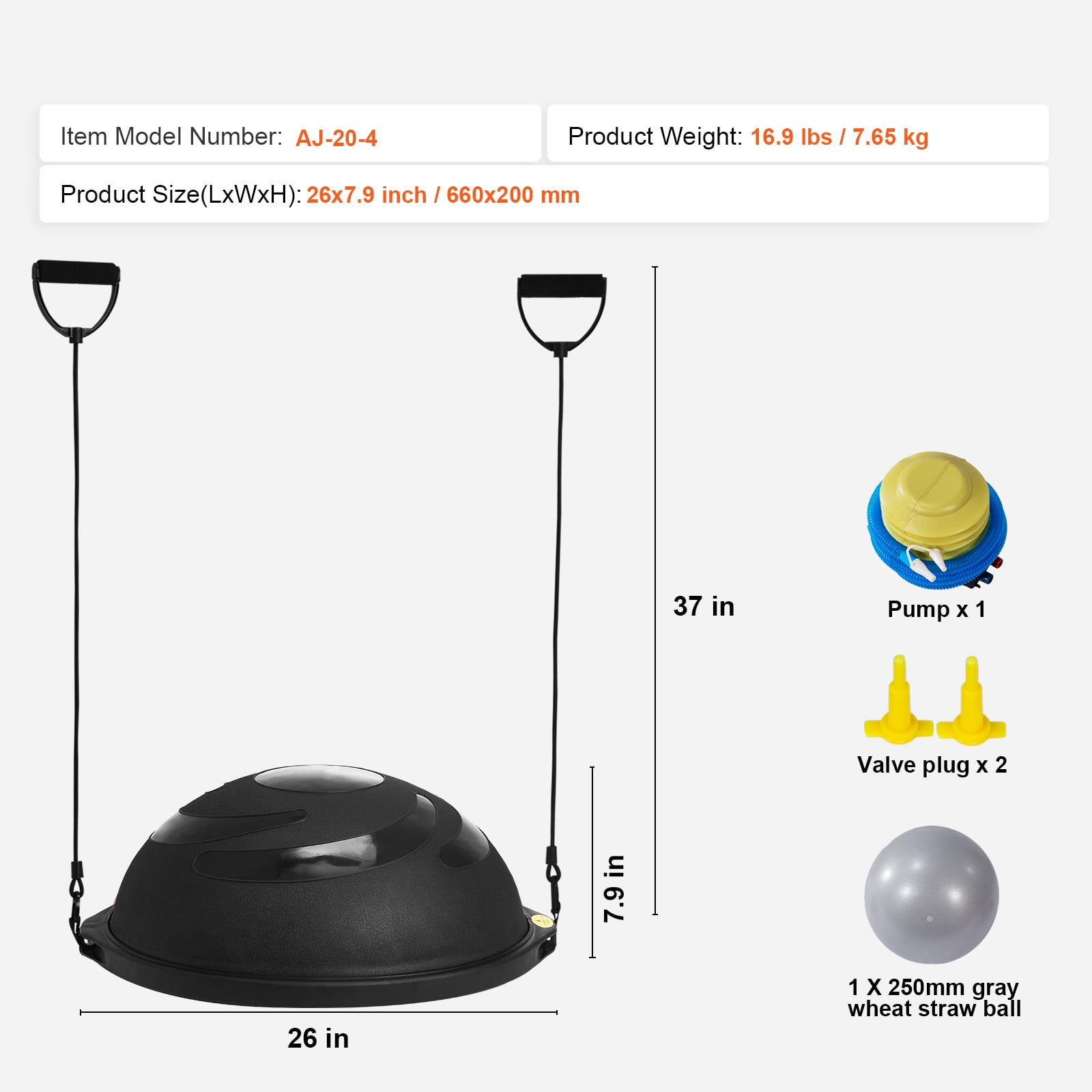 KFFKFF Half Workout Sphere, 26-inch Equilibrium Sphere, 1500lbs Load-Bearing Stability Sphere, Exercise Sphere with Resistance Loops & Foot Inflator, for Domestic Gym Total Body Exercise Black