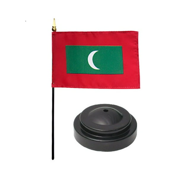 Maldives Desk Flag with Base; American Made Rayon 4x6 inch Miniature Table Set Includes One Small Mini Country Stick Flags and One Black Stand (Maldives Desk Flag and Base)