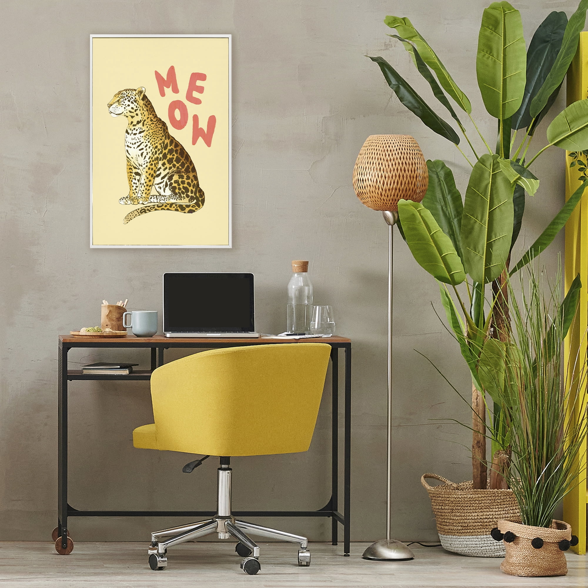 Stupell Industries Meow Leopard on Yellow White Framed Giclee Art, design by Florentina Dolci