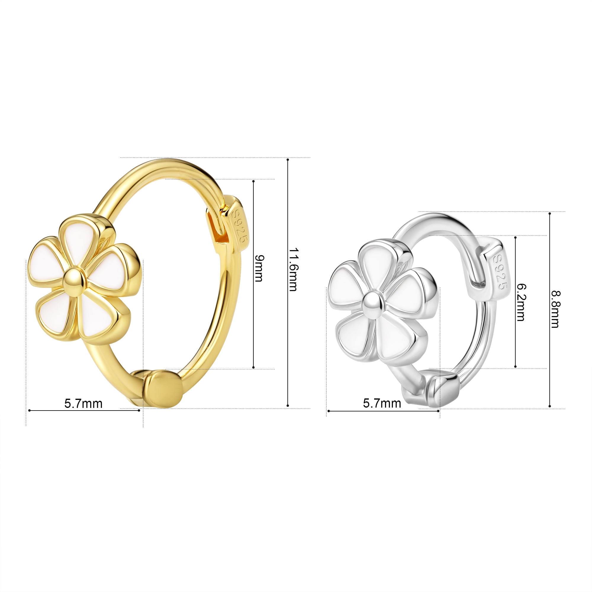 RYSKYJEWELRY Flower Huggie Gold Earrings, 925 Sterling Gold, All Ages