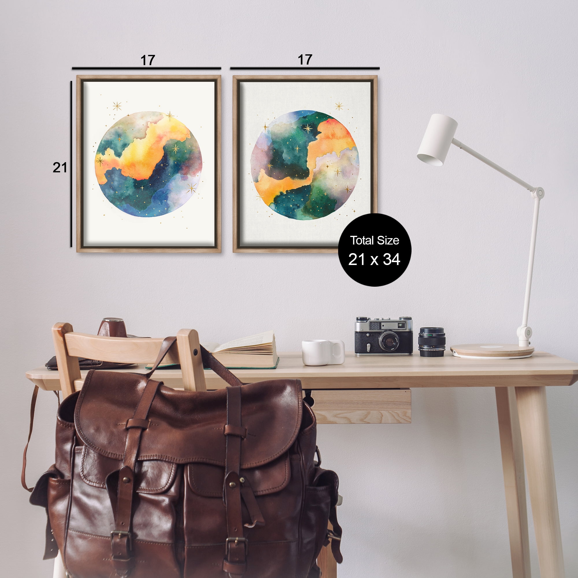 Stupell Industries Outer Space Round Galaxies Astrology & Stars Painting Brown Floater Framed Canvas Art Print Wall Art, 17 x 21, Set of 2
