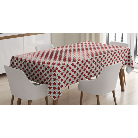 Stars Tablecloth, 5 Pointed Stars with Dots on Maritime Inspired Striped Backdrop, Rectangle Satin Table Cover Accent for Dining Room and Kitchen, 60" X 84", Pale Blue Ruby and Ivory, by Ambesonne