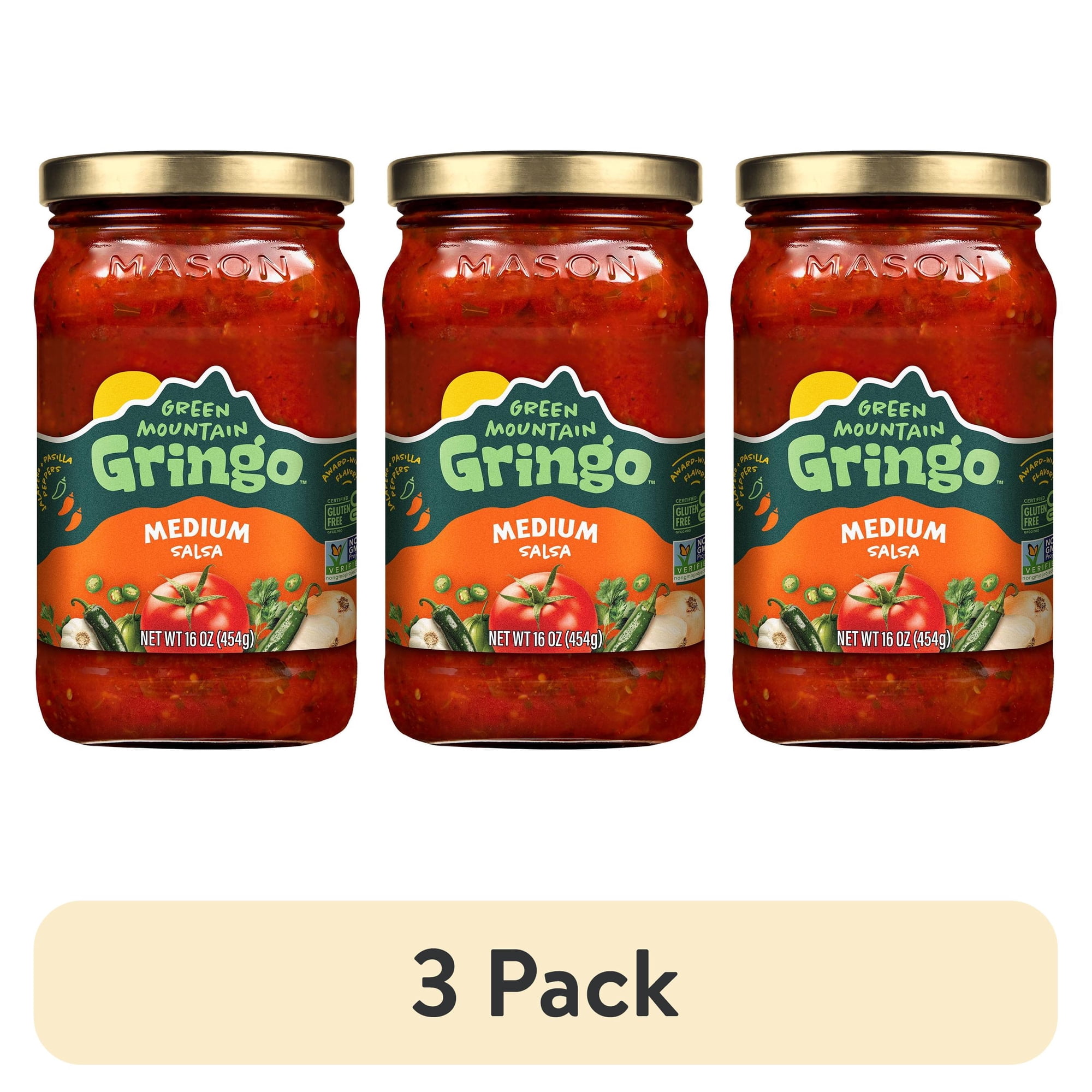 (3 pack) Green Mountain Gringo Medium Salsa 16oz Gluten-Free Certified Non-GMO Project Verified