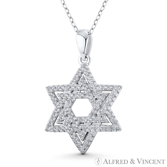 Star of David Cubic Zirconia CZ Crystal Pave Pendant & Chain Necklace in .925 Sterling Silver w/ Rhodium