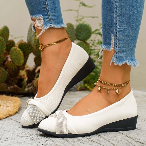 Casual Shoes for Women Elegant Round Toe On Casual Shoes For With Embellishments Comfortable Flat Sole Everyday Footwear For All Day Wear Wide Fit,White,CN:37(US:6.5)