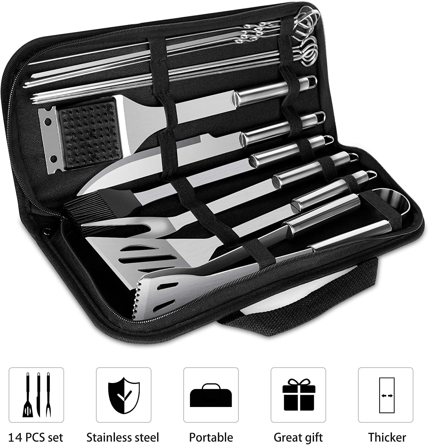 Grilling Brush Fork 14 PCS Stainless Steel Grilling Utensils Set with Knife Spatula,Tong,Skewers,Barbecue Kits for Camping meicent Grill Accessories BBQ Tool Set Grilling Brush Fork 14 PCS Stainless Steel Grilling Utensils Set with Knife Spatula,Tong,Skewers,Barbecue Kits for Camping meicent Grill Accessories BBQ Tool Set