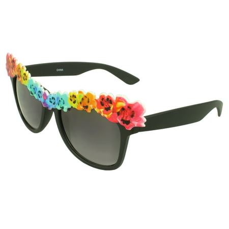 Creative Hawaiian Flower Retro Horn Rimmed Sunglasses Black Frame Purple Black Lenses