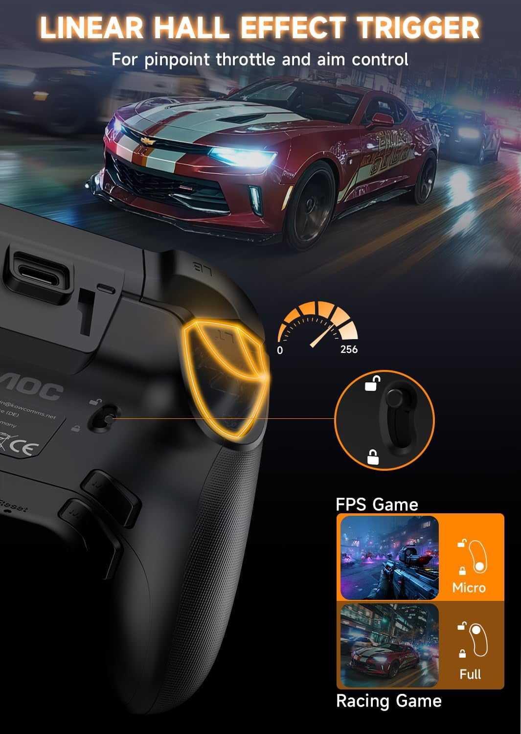 AOC Wireless Gaming Controller for PC, Steam, PS4, iOS, Android, Interactive Screen, Hall Effect Joystick and Triggers, RGB Lighting, Adjustable Vibration/Turbo, Black(Not for Xbox, PS5)