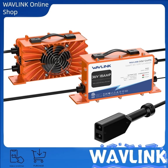 WAVLINK Golf Cart Smart Battery Charger 36V 18A Max 738W Automatically Adjusts LiFePO4/NMC/Lead-Acid Compatible (D Plug for TXT/EZGO)