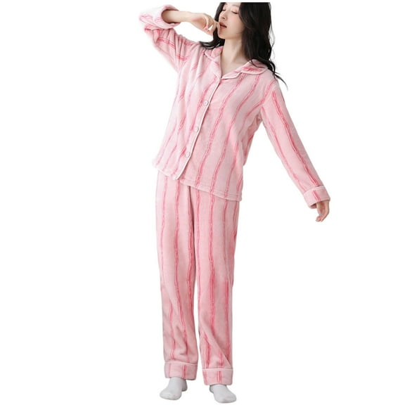 hxobax Striped Pajamas Set Womens Winter Comfy Warm Flannel Sleepwear 2 Piece Lounge Sets Long Sleeve Button Nightwear Soft Fleece Full-Length Bottom Pjs Matching Sets Loungewear,Pink,X-Large