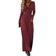 thumbnail image 3 of Women Deep V Neck Long Sleeve Slit 2025 Fall Elegant Formal Wedding Evening Date Prom Maxi Long Dress Wine Red XL, 3 of 9