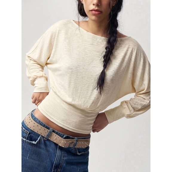 Women Boat‑Neck Dolman Long‑Sleeve Top, Draped Ruched Waist Cropped Blouse, Slouchy Relaxed‑Fit Trendy Shirt for Boho Daily Street‑Style Outfits
