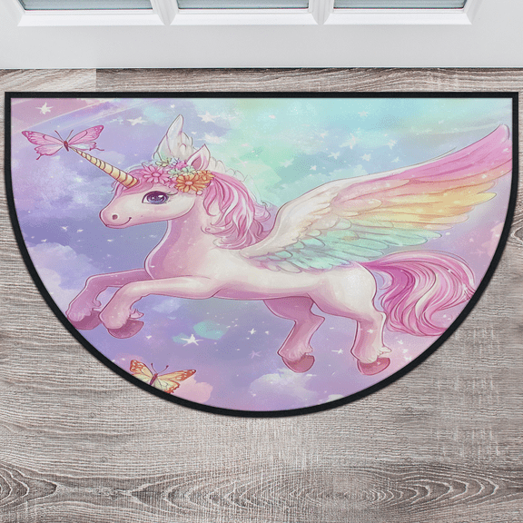 CURLYOOT Unicorn Colorful Cartoon Animal Fancy Half Round Door Mat 40'' x 63'', Indoor Outdoor Entrance Rug, Semi Circular Area Rug, Non Slip Washable Absorbent Doormat, Laundry Room Rug