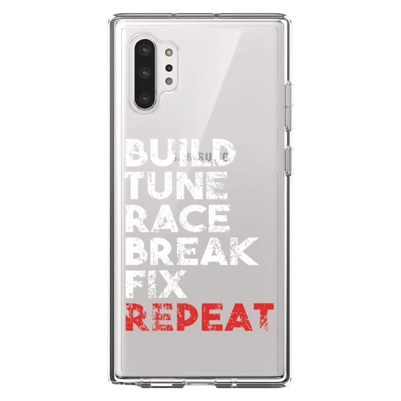 DistinctInk Clear Shockproof Hybrid Case for Galaxy Note 10 PLUS (6.8" Screen) - TPU Bumper Acrylic Back Tempered Glass Screen Protector - Build Tune Race Break Fix Repeat