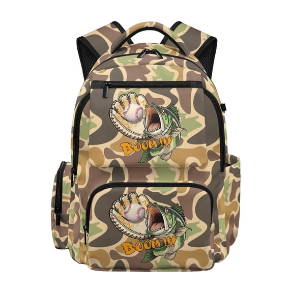HELLHERO Camouflage Fish Baseball Print 17 Inch School Bookbag, Durable Multi Pocket Polyester Backpack for Boys Daily School and Outdoor Camping