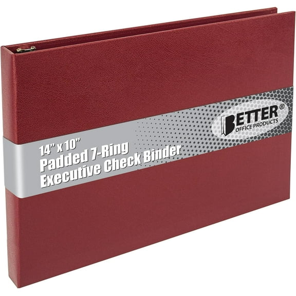 7 Ring Executive Check Binder with Zipper Pouch, Padded Burgundy Textured Cover, for 9" x 13" 3 Per Page Business Checks, 600 Check Capacity Checkbook Holder