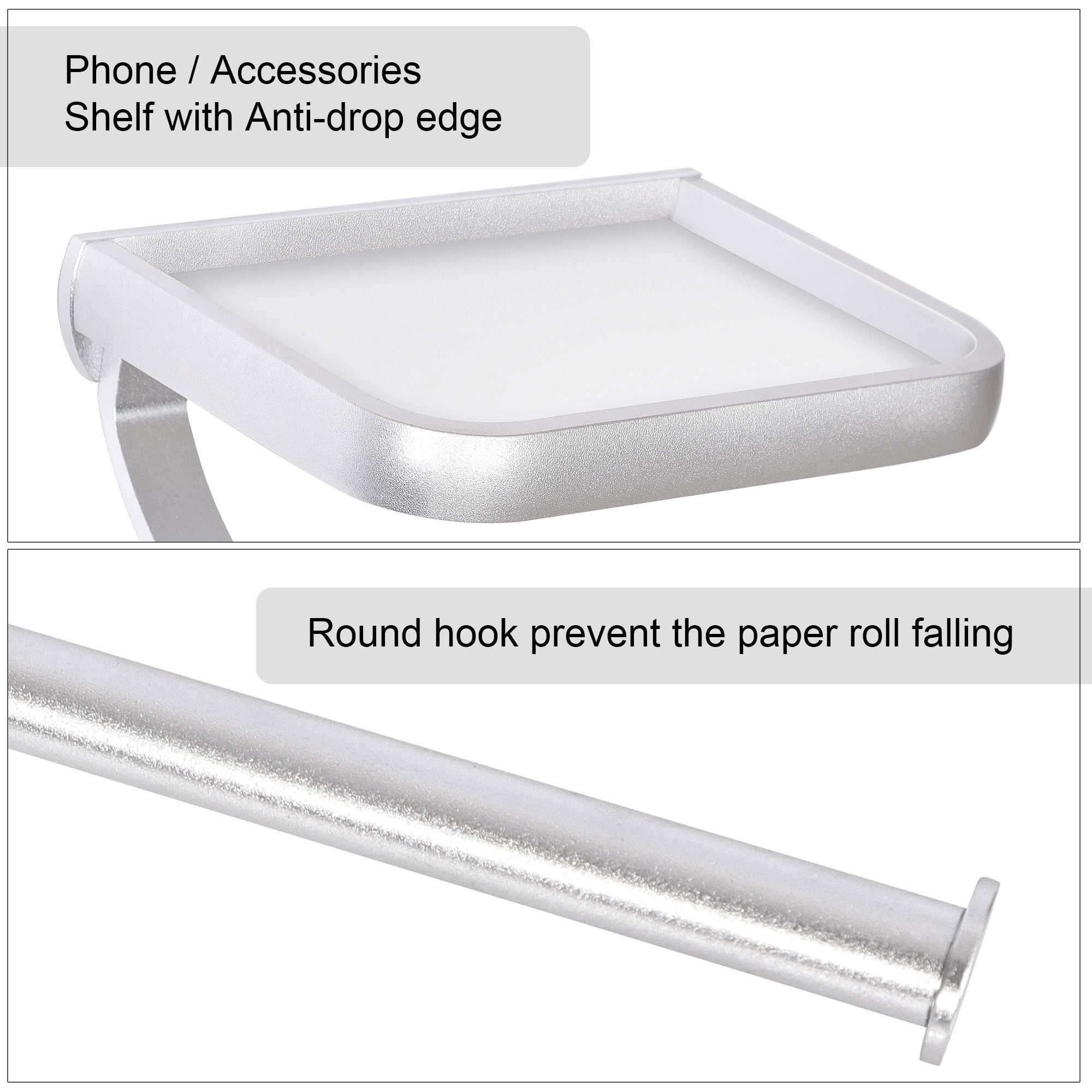 Uxcell Toilet Paper Tissue Holder with Phone Shelf Aluminum Alloy Matte Silver