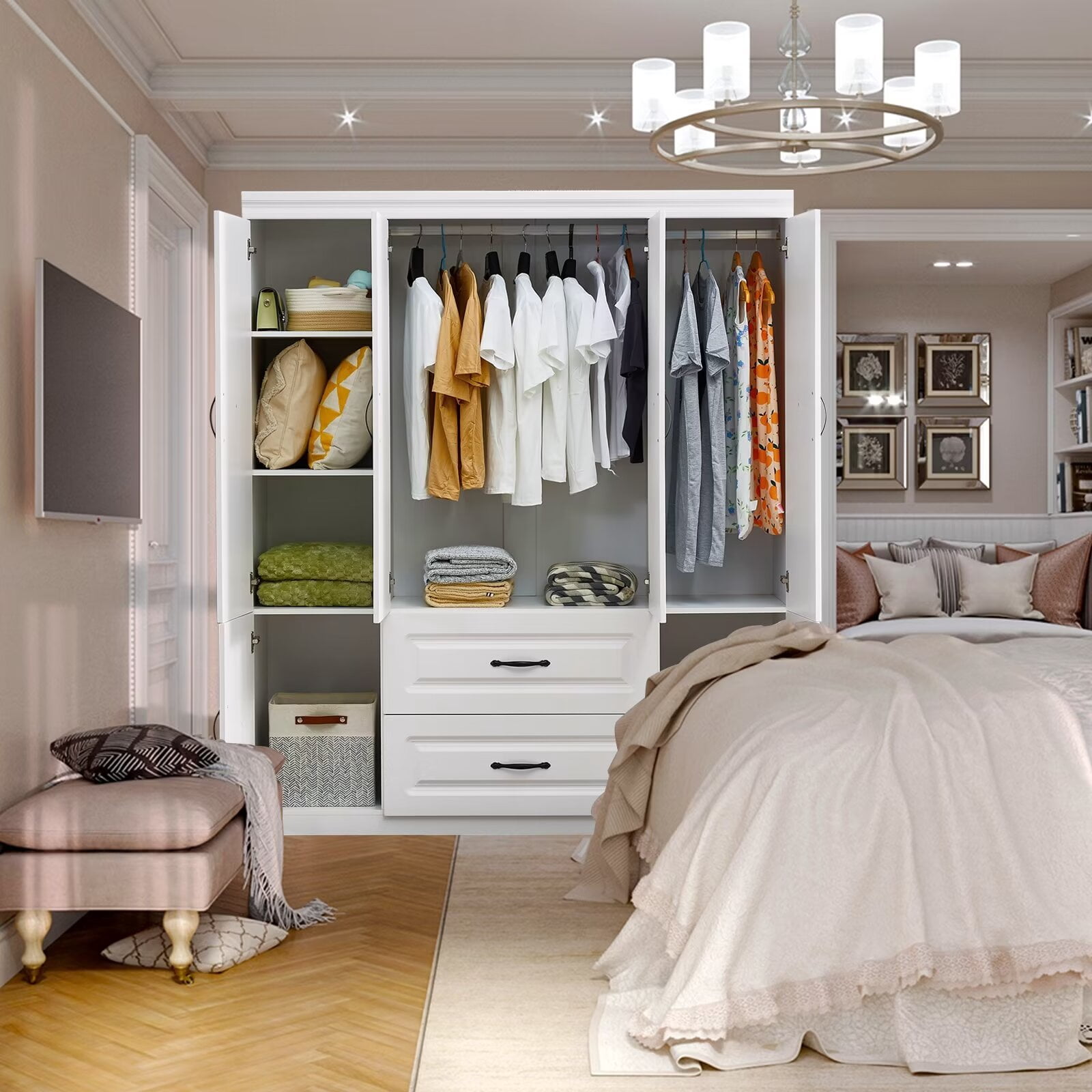 ModMakers 4 Door Wardrobe Armoire Closet, Modern Wood Wardrobe Storage Cabinet with Hanging Rods & Drawers, White