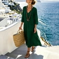 thumbnail image 2 of KHONTS Women's 3/4 Sleeve Summer Maxi Dress Plus Size Casual Linen Flowy Beach V-Neck Dress with Pockets Dark Green L, 2 of 9
