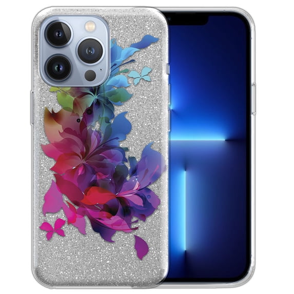 WIRESTER Clear/Silver Glitter Case, Sparkle Bling TPU Cover for Apple iPhone 13 Pro 6.1" 2021, Illusory Flowers