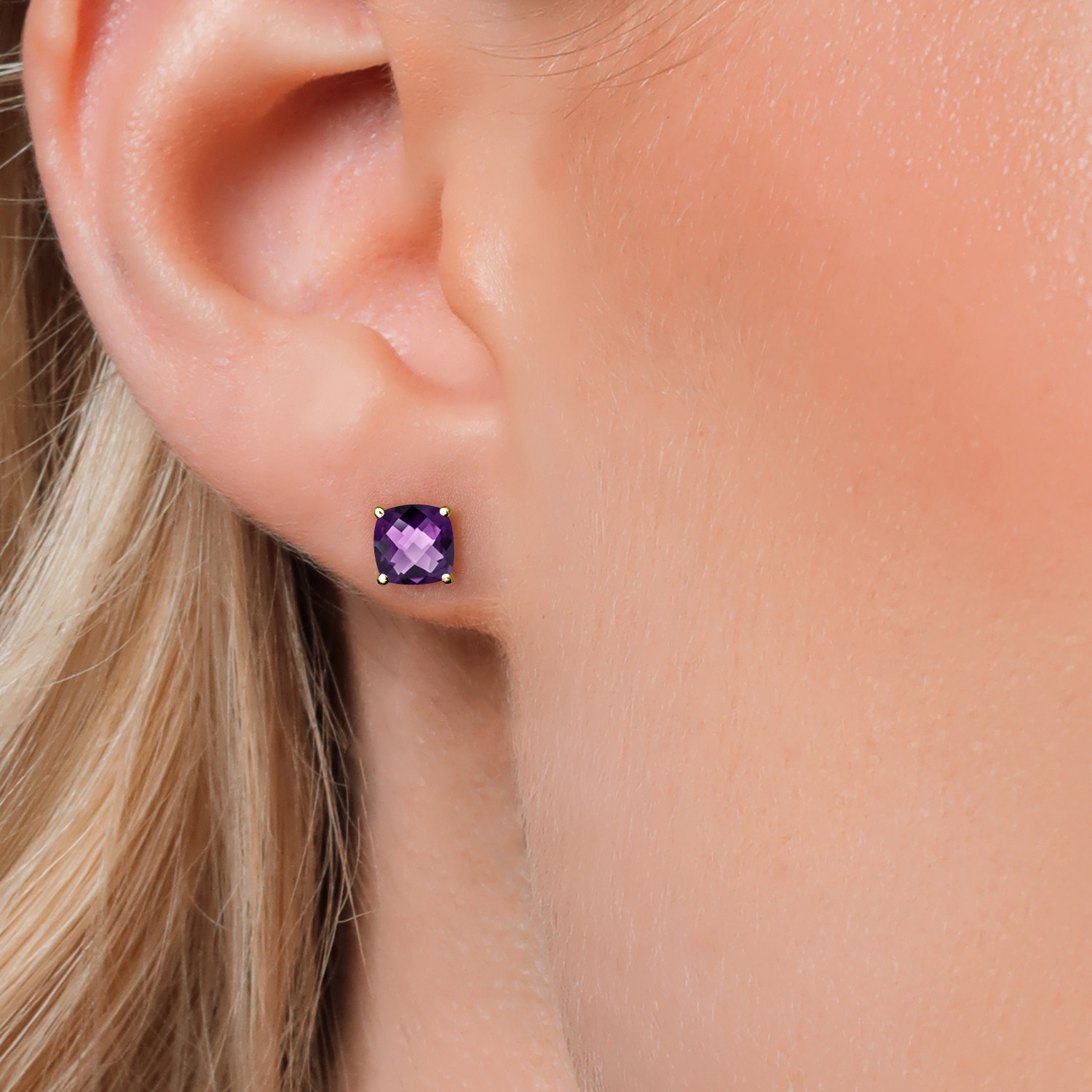 Gem Stone King 14K Yellow Gold Purple Amethyst Double Notch Stud Earrings | 1.40 Cttw | Gemstone February Birthstone | Cushion Checkerboard 6MM | Gold Earrings for Women Men