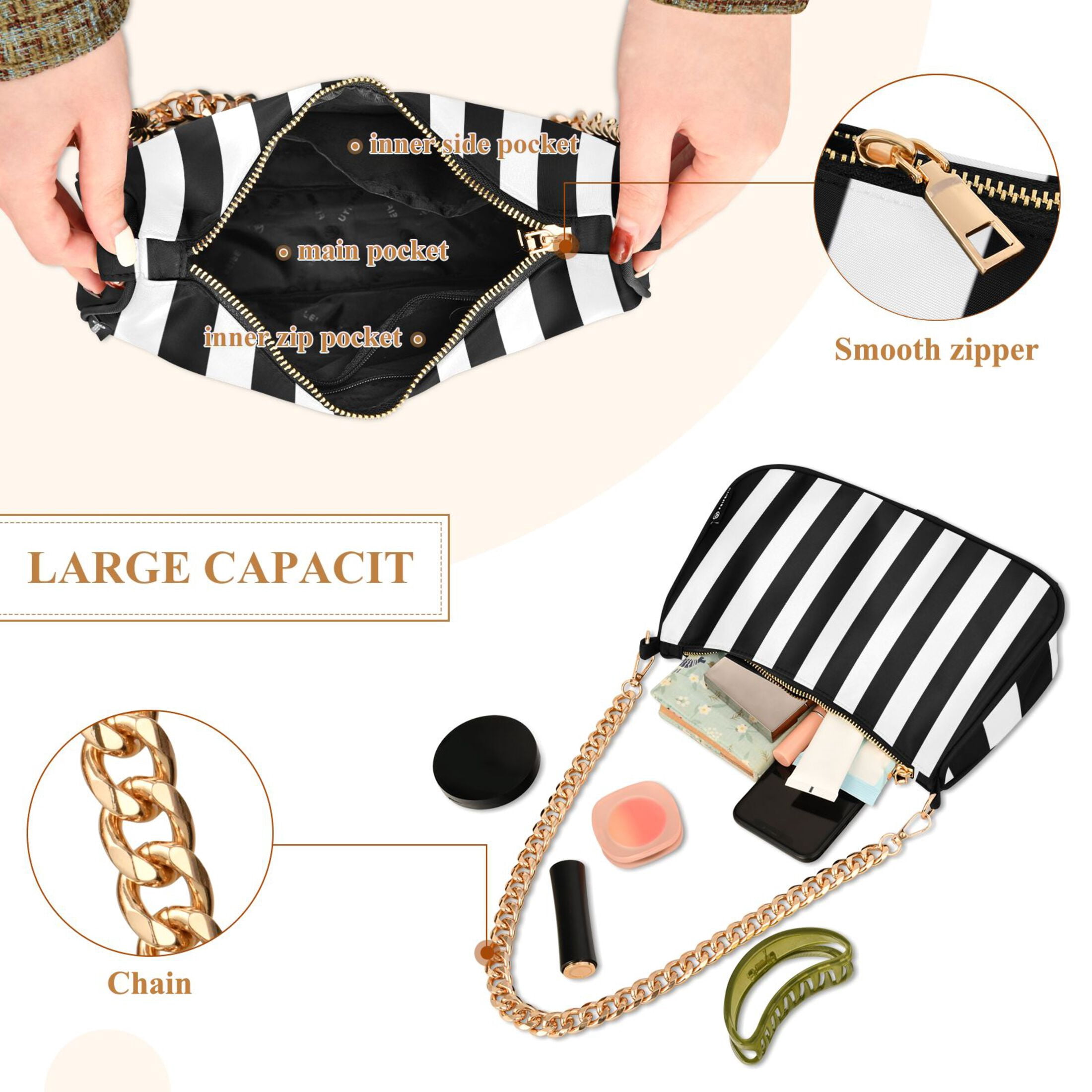 Ryvnso White and Black Stripe Pattern Womens Chain Shoulder Bag Tote Handbags Clutch Hobo Purse with Zipper for Travel