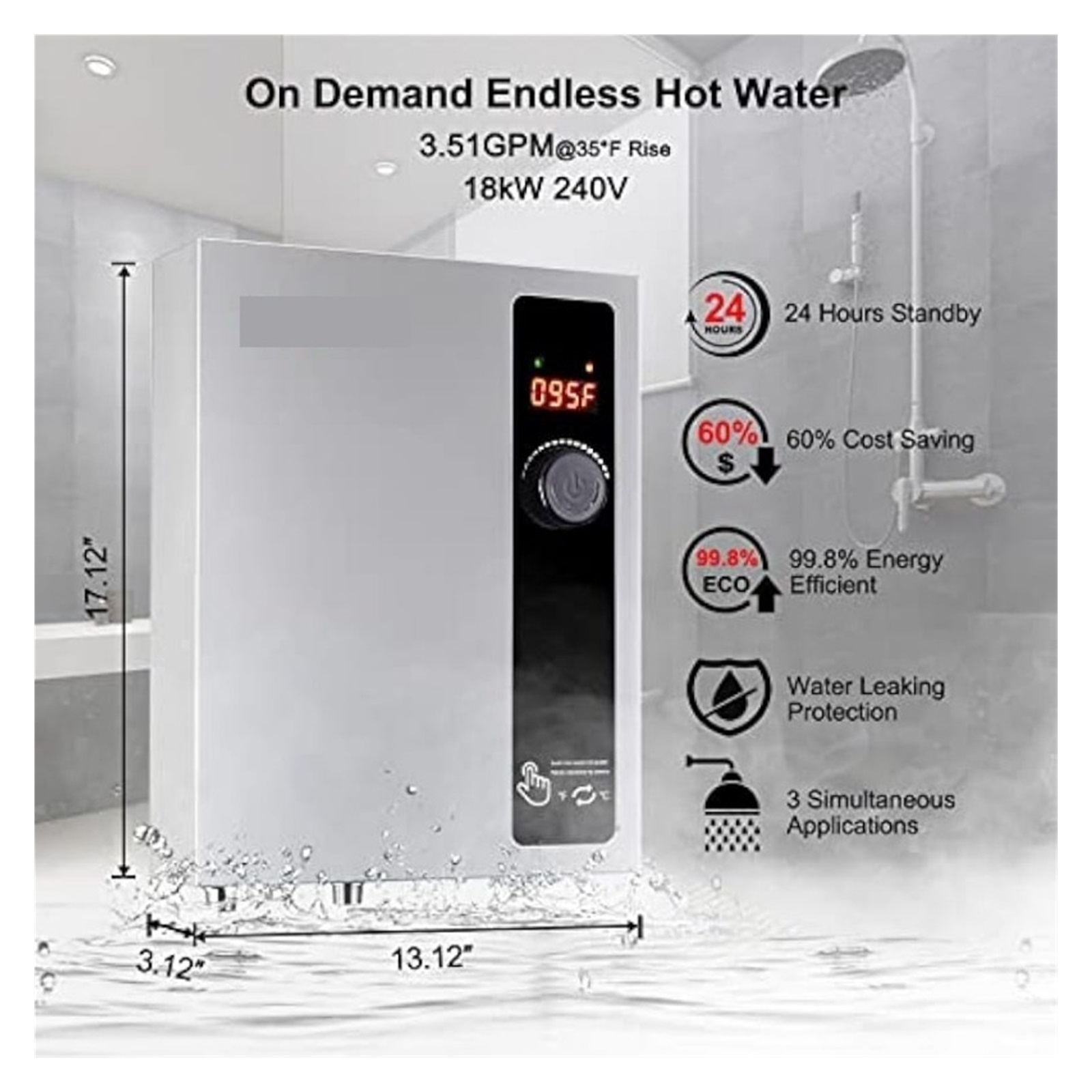 Tankless Water Heater Electric 18kW Instant Endless Hot Water Heater, Digital Temperature Display Easy Installation ,Safety Protections