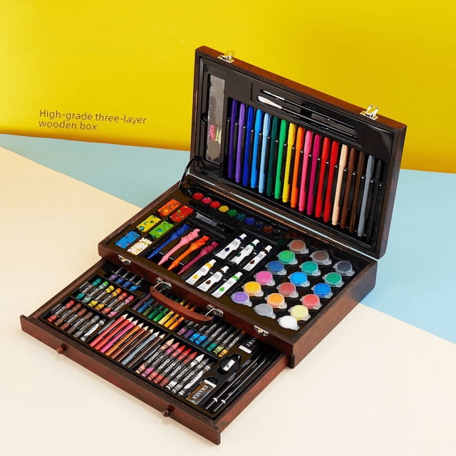 Juego de 130 pinceles de caja de madera de tres capas, suministros de arte, herramientas de pintura, crayones, acuarelas, bolígrafos, herramientas de pintura, logotipo