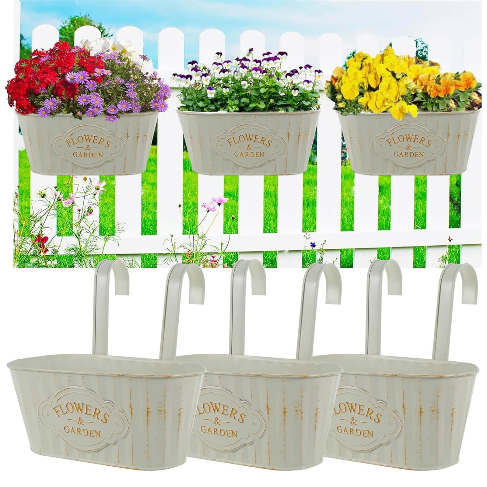 AUDeals Metal Hanging Flower Bucket Planter, Rust-Resistant Outdoor Fence and Balcony Décor with Drainage Holes, Decorative Box for Porch, Patio, and Vertical Gardens