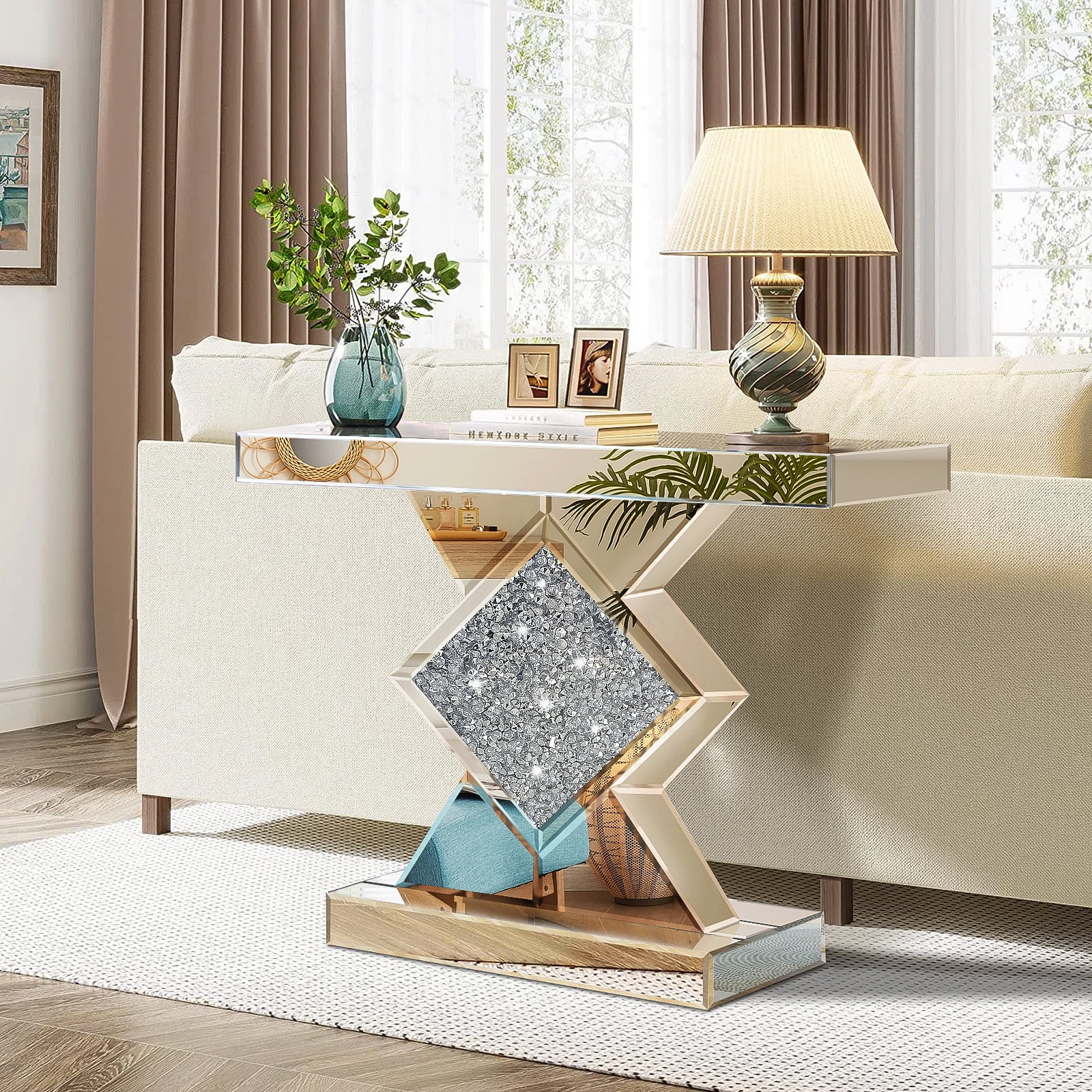 Mirrored Console Table with Crushed Diamond Inlay, 31.5'' Long Silver Accent Narrow Table Entryway Table, Diamond Shaped, for Living Room Hallway Entrance Foyer