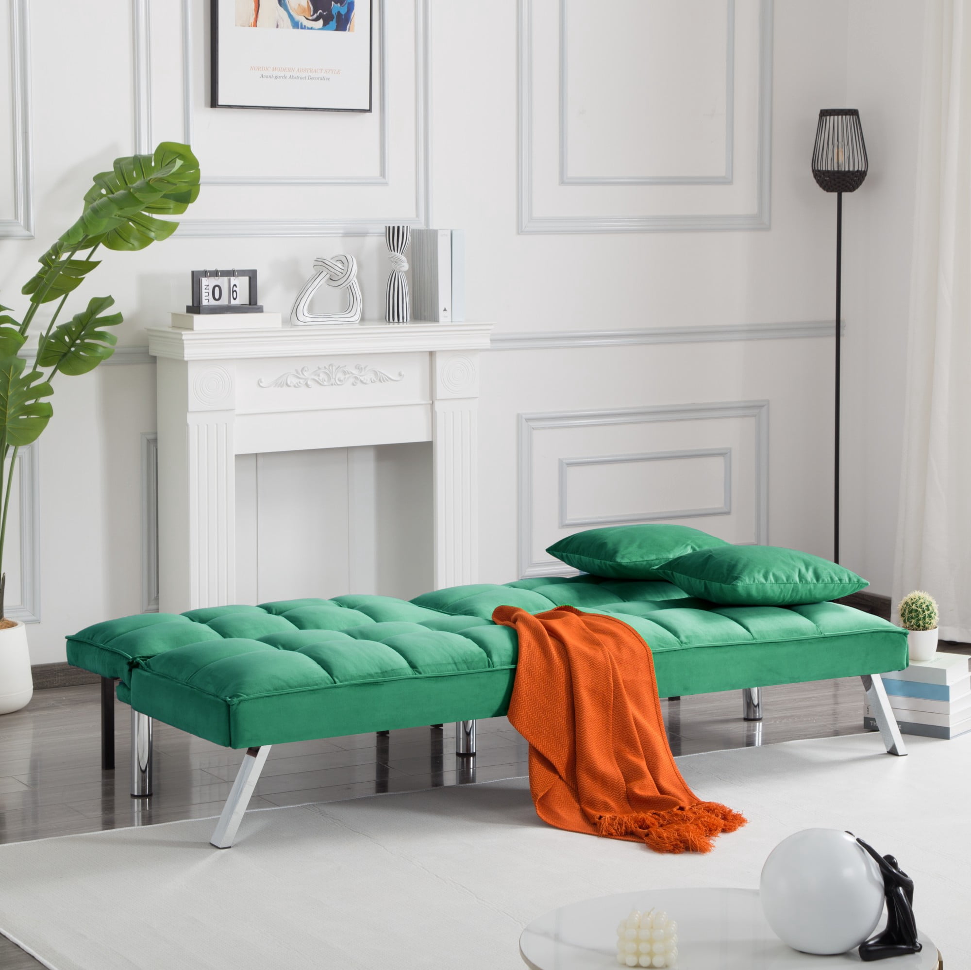 Gewnee Green 67.7” Twin Convertible Sleeper Sofa, Velvet Tufted Split-Back with 2 Toss Pillows for Home Office