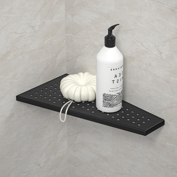 Bernkot Estante esquinero para ducha, color negro mate, 12.0 in, estante flotante trapezoidal para champú, diseño de rejilla de acero inoxidable 304, estante de baño empotrado para pared de azulejos,